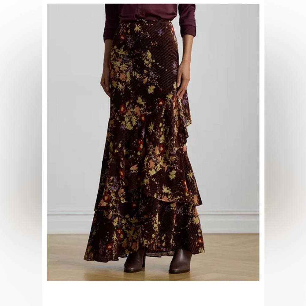 NWT Ralph Lauren Floral Burnout Velvet Tiered Maxiskirt